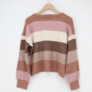 Pink Rose Womens Striped Crewneck Sweater Pink Brown Large thumbnail 4