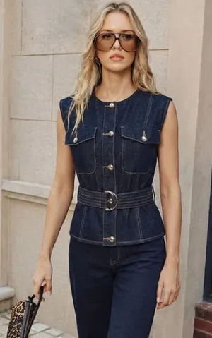 Commense Denim Belted Sleeveless Vest Blue Size L NWT thumbnail 1