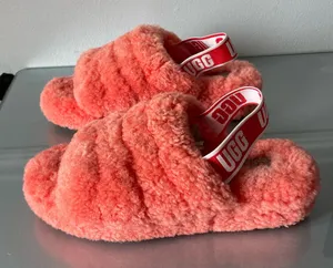 UGG Fluff Yeah Slide Slippers Coral Pink Shearling Platform Sandals Women’s Size 7 thumbnail 1