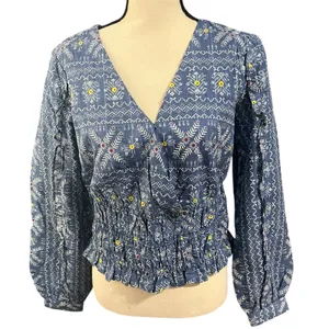 Forever That Girl Anthropologie Wmn's Blue Top Sz S Smocked Embroidered Festival thumbnail 2