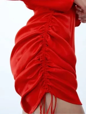 Zara Women’s Bright Red Long Sleeve Wrap-Style Mini Dress with Ruched Drawstring thumbnail 4