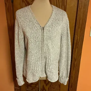 Y2K Christopher & Banks Oatmeal Zip Cardigan L Ramie Cotton Knit Sweater thumbnail 6