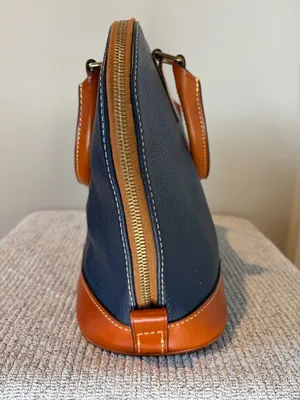 Dooney & Bourke Pebbled Leather Dome Satchel Bag Navy Blue Brown Trim thumbnail 6
