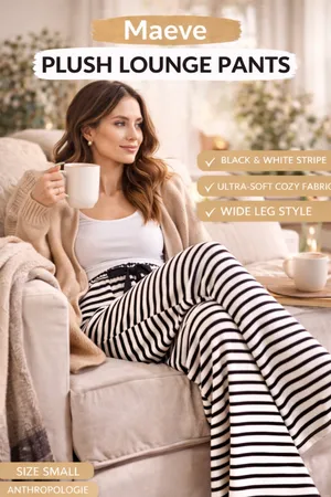 NWT MAEVE Plush Lounge Pants S Black White Stripe Wide Leg Cozy Soft Pajama thumbnail 3