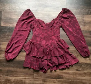 Altar'd State Burgundy Long-Sleeve Ruffle Tiered Romper thumbnail 1