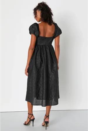 Adorable Mood Black Floral Jacquard Puff Sleeve Babydoll Dress thumbnail 2