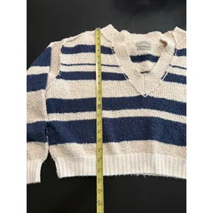 Urban Outfitters Striped Cropped‎ V-Neck Knit Sweater Cream Navy Blue Small Boho thumbnail 2