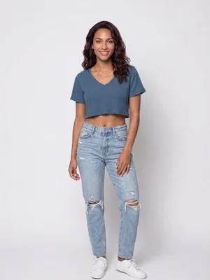 🖼️ SHEIN Dusty Blue V-Neck Cropped Waffle Knit Relaxed Fit Tee thumbnail 4