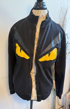 Fendi Bag Bugs Monster Eyes‎ Black Cotton Cashmere Silk Zip Bomber Jacket L flaw thumbnail 1