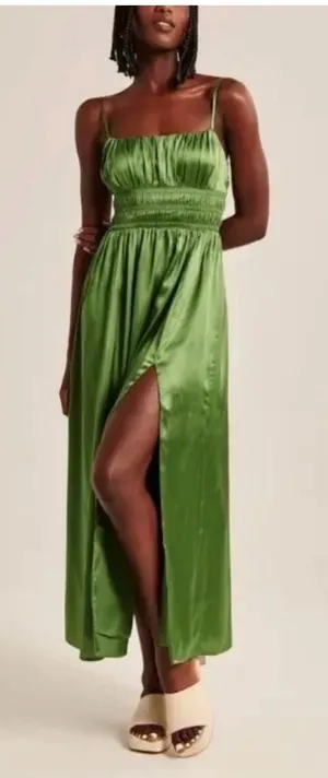 Abercrombie Medium Green Smocked Satin Slit Maxi Dress Wedding Guest Elegant thumbnail 1