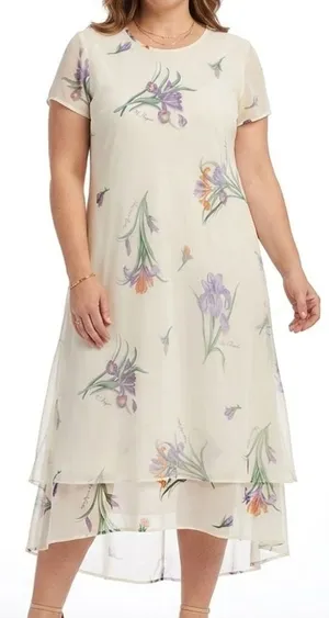 Vintage Ivory Iris Chiffon Sheer Overlay High-Low Floral Midi Dress Size 14 Mica thumbnail 1