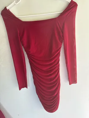 red off-the-shoulder long-sleeve ruched bodycon mini dress thumbnail 1