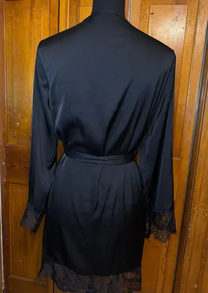 Black Wrap Around Thin Robe with Lace Size Medium thumbnail 2