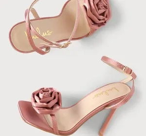NWT 𝅺Lulu’s Flowaa Pink Satin Rose Rosette Flower Ankle Strap Heels Size 7.5 thumbnail 3