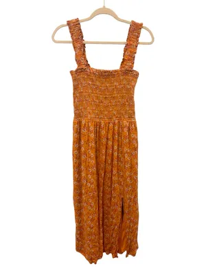 WAYF Orange Floral Smocked Midi Dress Small Ruffle Strap Lined Summer Size M thumbnail 2