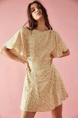 Free People Cream&Orange Floral Print Florence Smocked Mini Dress Sz.L thumbnail 1