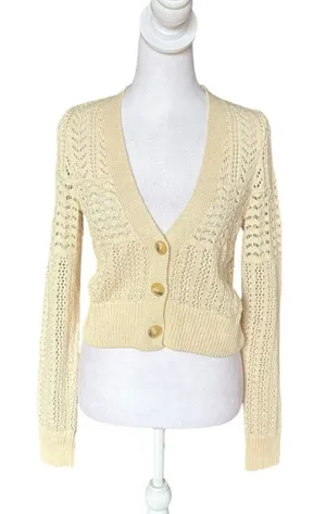 Anthropologie Pointelle Knit Cardigan Sweater Cream Cotton Open Knit Womens XS thumbnail 1