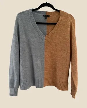 Tribal Womens Medium V-Neck Colorblock Knit Sweater Blue Camel‎ Brown Pullover thumbnail 1