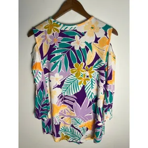Palm Grove Wm M Cold Shoulder Tropical Floral Top Purple Green 3/4 Sleeve Resort thumbnail 4
