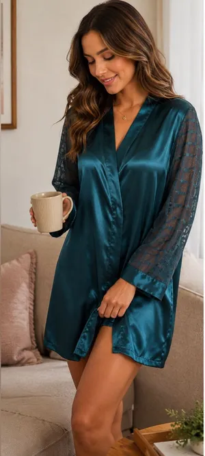 Victoria’s Secret Hunter Green Satin Robe Sheer Glitter Sleeves Small thumbnail 1
