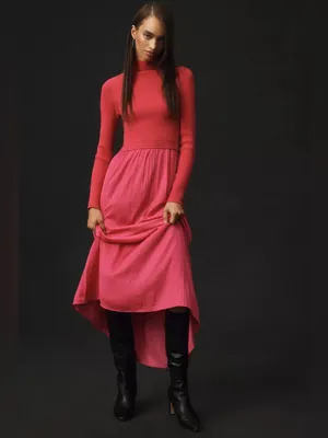 Anthropologie High-Neck Mockable Maxi Dress Fuchsia Knit dress & Pleated Skirt thumbnail 2