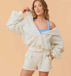 Blogilates Women Marshmallow Full Zip Hooded Sweatshirt White Floral Small thumbnail 1