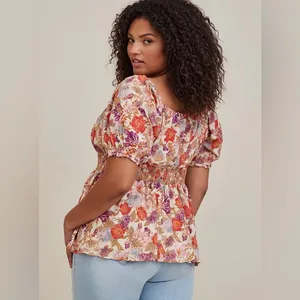 Torrid Harvest Floral Georgette Eyelet Smocked Waist Puff Sleeve Top - size 1 thumbnail 12
