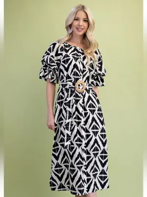 Black & White Geometric Midi Dress with Belt L new thumbnail 5