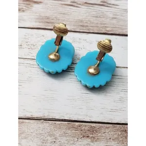 Vintage Clip On Earrings Bright Blue Oval Shape with Wavy Lines thumbnail 4