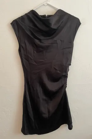 Forever 21 Silk Black Mini Dress with Cowl Neck and Ruching thumbnail 4