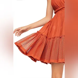 Halter Babydoll Mini Dress Boho Mesh Swiss Dot Hem Small Red Orange thumbnail 3