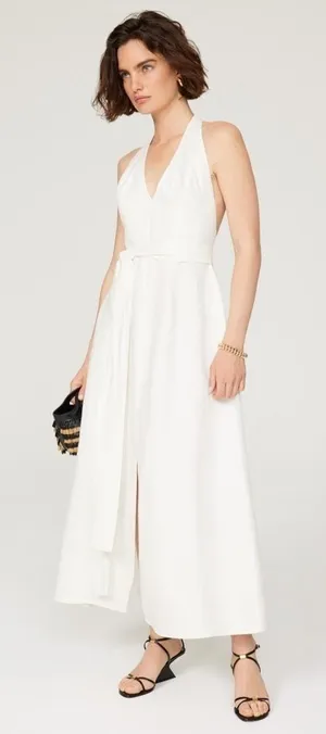 RTR Saunders Collective White Halter Maxi Slit Dress Linen Blend Size 10 thumbnail 1
