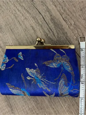 Vintage Blue Brocade Floral Kiss Lock Coin Purse Clutch Gold Tone Frame Travel thumbnail 5