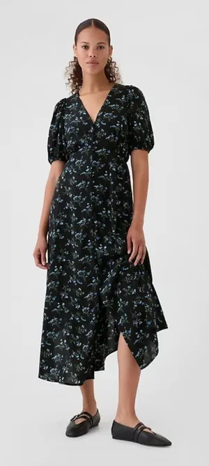 GAP Black Floral V-Neck Button-Front Midi Dress Size Petite Large thumbnail 1