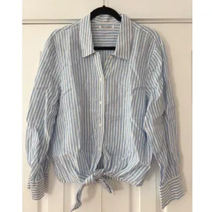 Reformation Blue White Striped Linen Tie Front Button Down Shirt Large thumbnail 2