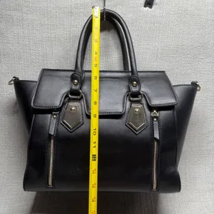 Black Faux Leather Satchel Handbag‎ Large Tote Purse Gold Hardware Edgy Workwear thumbnail 6