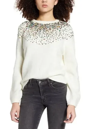 Nordstrom NEW Dreamers Women's Size Large Sequin Front Ivory Sweater v6x thumbnail 1