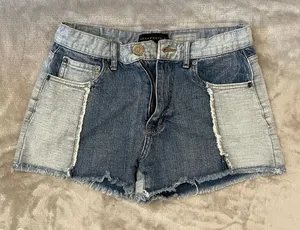 Aeropostale High Waisted Aero Cheeky Two-Tone Denim‎ Jean Shorts Fringe Cotton thumbnail 1