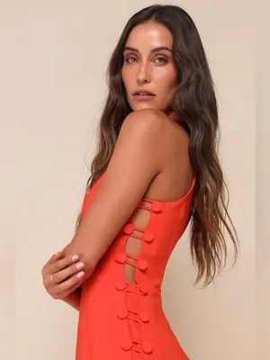 Lulus Masterfully Mod Bright Orange Side Button Midi Dress Size XL Sleeveless thumbnail 3