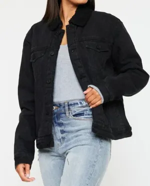 NWOT Womens KanCan‎ Sonny Sherpa Trucker Jacket acid black denim size L thumbnail 1