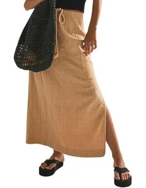 Free People In The Spotlight Midi Skirt Women M Tan Textured Boho Coastal Beachy thumbnail 1