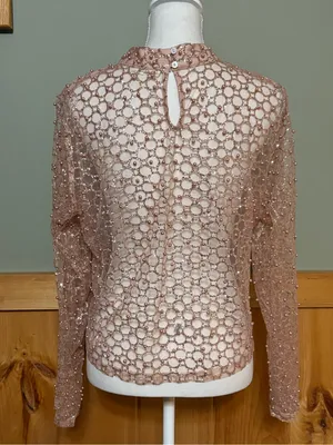 Anthropologie Blue Tassel Sheer Pearl Embellished Glittery Top size Large thumbnail 5