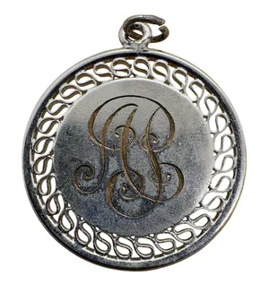 Vintage 1971-1972 Co Capt Peppers Monogrammed Round Scroll Border Pendant Silver thumbnail 1
