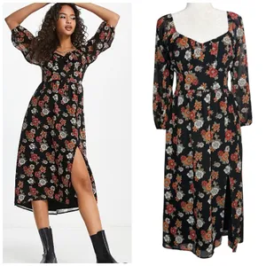 Hollister Dress Womens Medium Floral Long‎ Puff Sleeve Slit Midi Chiffon Retro thumbnail 2