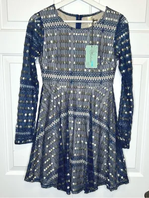 Andree by Unit NWT Gold Lace Fit‎ & Flare Long Sleeve Dress Small thumbnail 1