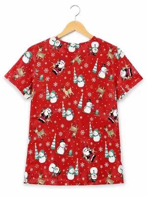 Just Love Christmas Holiday Medical Scrub Top V-Neck Pockets Red Snowman Santa M thumbnail 2