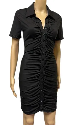 Source Unknown Black Ruched Bodycon Full Button Front Short Sleeve Mini Dress Womens Small thumbnail 1