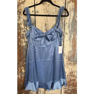 NWT ASTR The Label SKY BLUE Satin MARLA Flutter Sleeve BUST TIE Mini DRESS L thumbnail 3