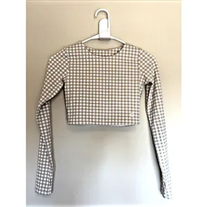Astoria Activewear Beige Tan Gingham Check Long Sleeve Workout Gym Crop Top S thumbnail 2