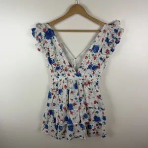 LoveShackFancy Bennett Mini Dress XS blue Notte Floral Cotton Cottage Boho Beach thumbnail 6